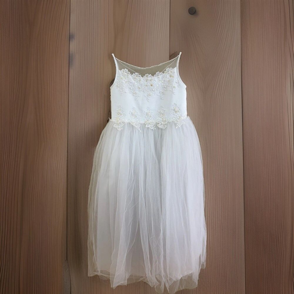Oleg Cassini Girls White Lace Beaded Tulle Dress Size 5 Flower Girl Wedding